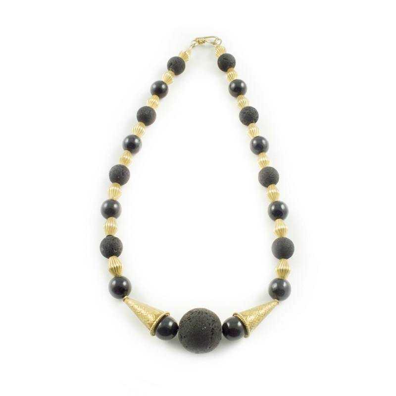 Black Jade Necklace with lava beads and vermeil beads - Jade Maya