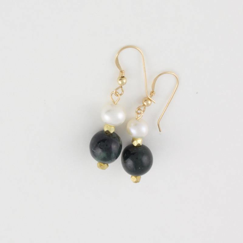 Black Jade and Pearl Drop Earrings on Goldfilled hooks - Jade Maya
